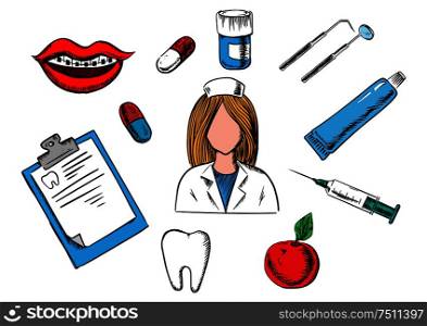 Dental concept design with a nurse surrounded by an apple, examination chart, tablets, mouth with braces, tooth, instruments and toothpaste. Vector medical and healthcare concept. Dental medicine and dentistry icons