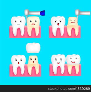 Dental crown installation process. Cute cartoon tooth character. Dental care concept. Illustration isolated on blue background.