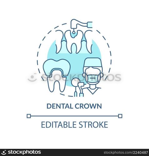 Dental crown turquoise concept icon. Cosmetic dentistry type abstract idea thin line illustration. Replacing missing teeth. Isolated outline drawing. Editable stroke. Arial, Myriad Pro-Bold fonts used. Dental crown turquoise concept icon