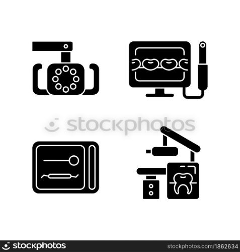 Dental devices black glyph icons set on white space. Lightening oral cavity. Intraoral camera. UV sterilizer box. X-ray equipment. Teeth treatment. Silhouette symbols. Vector isolated illustration. Dental devices black glyph icons set on white space