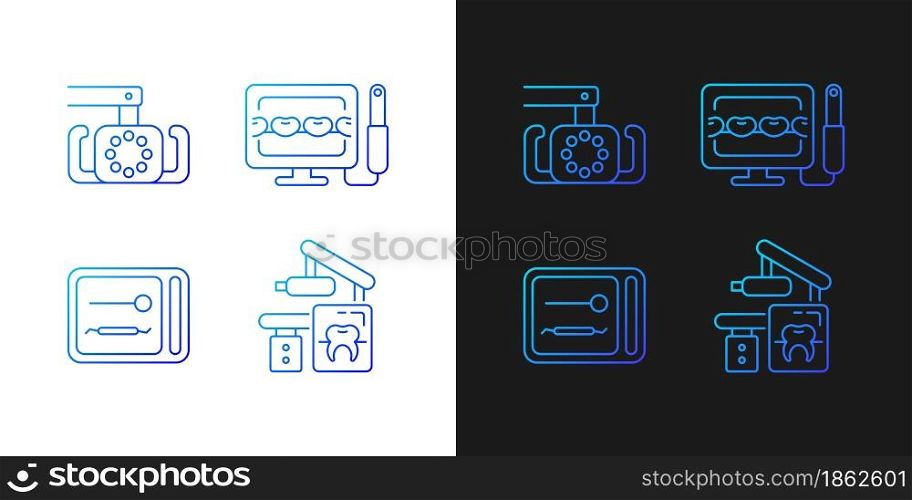 Dental devices gradient icons set for dark and light mode. Lightening oral cavity. Sterilizer box. Thin line contour symbols bundle. Isolated vector outline illustrations collection on black and white. Dental devices gradient icons set for dark and light mode