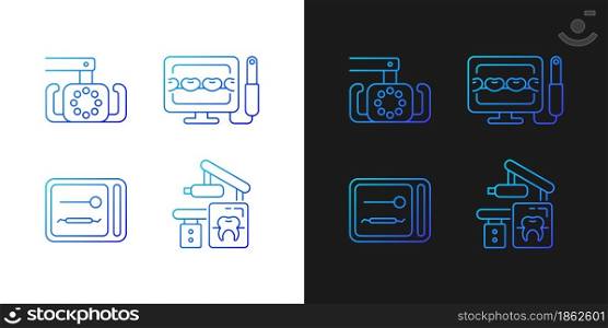 Dental devices gradient icons set for dark and light mode. Lightening oral cavity. Sterilizer box. Thin line contour symbols bundle. Isolated vector outline illustrations collection on black and white. Dental devices gradient icons set for dark and light mode
