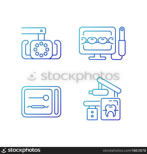 Dental devices gradient linear vector icons set. Lightening oral cavity. Intraoral camera. UV sterilizer box. Thin line contour symbols bundle. Isolated outline illustrations collection. Dental devices gradient linear vector icons set