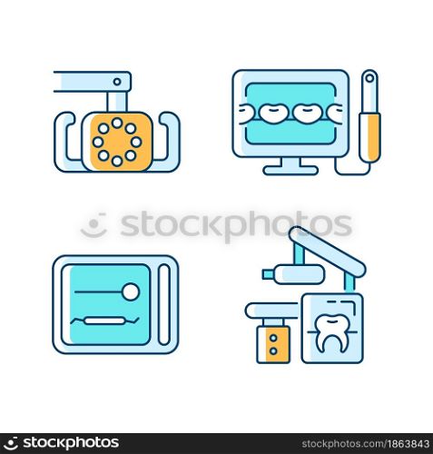 Dental devices RGB color icons set. Lightening oral cavity. Intraoral camera. UV sterilizer box. X-ray equipment. Teeth treatment. Isolated vector illustrations. Simple filled line drawings collection. Dental devices RGB color icons set