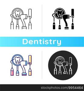 Dental equipment icon. Dental procedures. Instruments for dental treatment. Cosmetic dentistry. City family dentistry. Linear black and RGB color styles. Isolated vector illustrations. Dental equipment icon