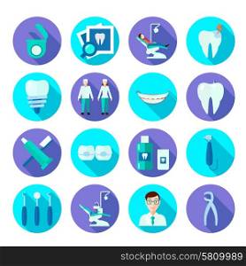Dental Flat Icon Set. Dental tools doctor tooth care and symbols flat color icon set isolated vector illustration