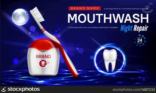 Dental floss, toothbrush and tooth in glowing sphere on water surface at night. Vector realistic brand poster with product for dental care, night repair mouthwash. Promo banner, advertising background. Mouthwash night repair advertising poster