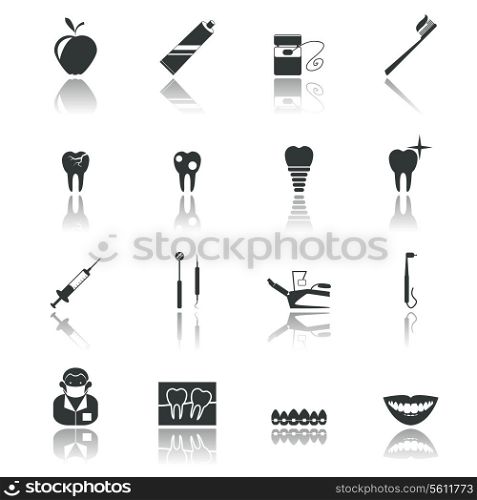 Dental health and caries teeth healthcare instruments dent protection black icons set isolated vector illustration