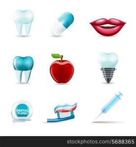 Dental health and caries teeth healthcare instruments dent protection realistic icons set isolated vector illustration