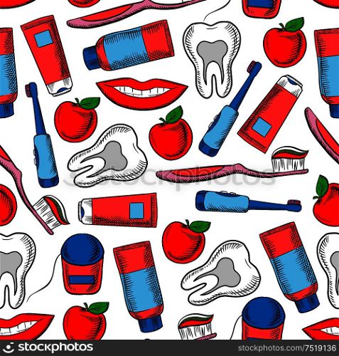 Dental health and dentistry pattern with seamless background of healthy teeth, toothbrush, toothpaste, floss, smile and fresh red apple. Dental health care and oral hygiene themes design. Dental health and dentistry seamless pattern