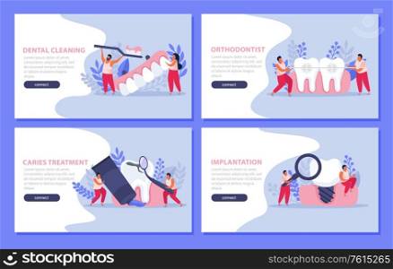 Dental health flat 4x1 set of horizontal banners with teeth images people text and clickable buttons vector illustration
