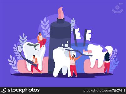 Dental health flat composition of doodle images human characters cleaning teeth with brushes and tooth paste vector illustration