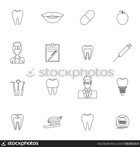 Dental health outline icons set with tooth mouth pill apple isolated vector illustration