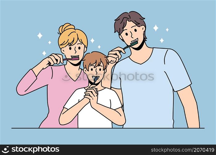 Dental hygiene and cleaning concept. Happy positive family mother father and son standing and brushing teeth during morning routine rituals vector illustration . Dental hygiene and cleaning concept
