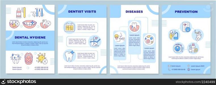 Dental hygiene blue brochure template. Diseases treatment. Leaflet design with linear icons. 4 vector layouts for presentation, annual reports. Arial-Black, Myriad Pro-Regular fonts used. Dental hygiene blue brochure template