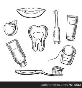 Dental hygiene medical icons with cross section of healthy tooth surrounded by toothbrush, toothy smile, apple, toothpaste and floss. Sketch style. Dental hygiene medical icons in sketch style