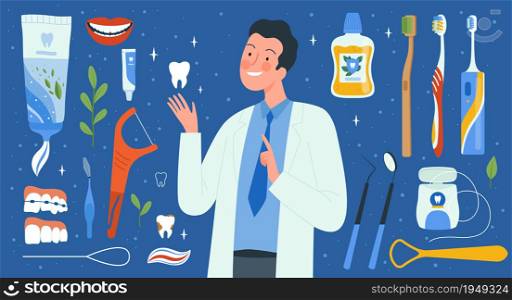 Dental hygiene tools. Dentist accessories medical liquids for mouthwash brushes cleaning teeth vector collection. Illustration stomatology healthcare, orthodontist tools set. Dental hygiene tools. Dentist accessories medical liquids for mouthwash brushes cleaning teeth vector collection