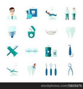 Dental Icons Set. Dental icons set with teeth medical instruments and clinic flat isolated vector illustration