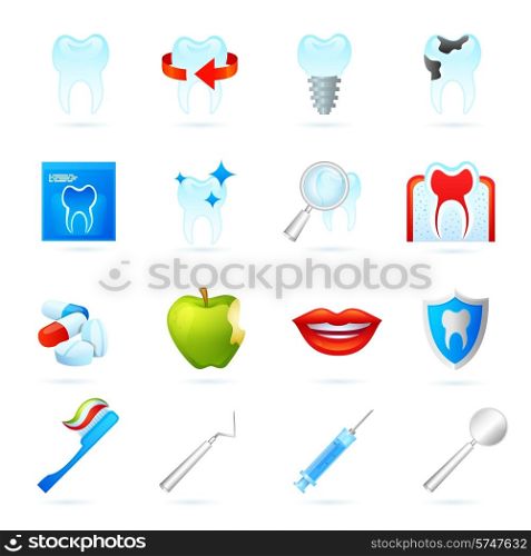 Dental icons set with dentistry surgeon tools cracked tooth and pills isolated vector illustration