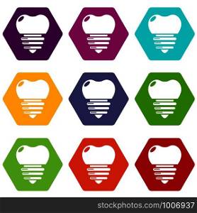 Dental implant icons 9 set coloful isolated on white for web. Dental implant icons set 9 vector