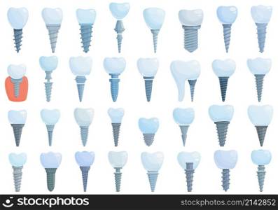 Dental implant icons set cartoon vector. Jaw surgery. Medicine screw. Dental implant icons set cartoon vector. Jaw surgery