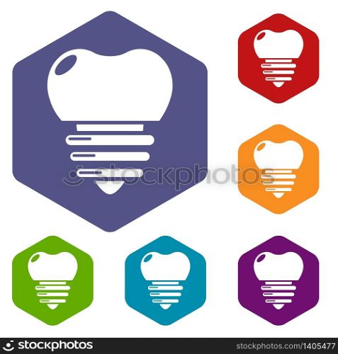 Dental implant icons vector colorful hexahedron set collection isolated on white. Dental implant icons vector hexahedron