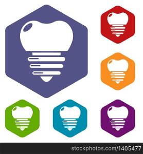 Dental implant icons vector colorful hexahedron set collection isolated on white. Dental implant icons vector hexahedron