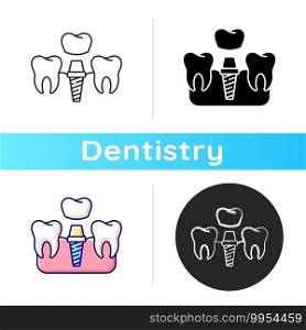 Dental implants procedure icon. Tooth recovery process. Dental surgety. Proffesional cosmetics stomatology. Linear black and RGB color styles. Isolated vector illustrations. Dental implants procedure icon