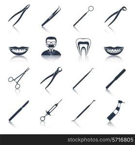 Dental instruments icons set black with health care stomatology accessory isolated vector illustration