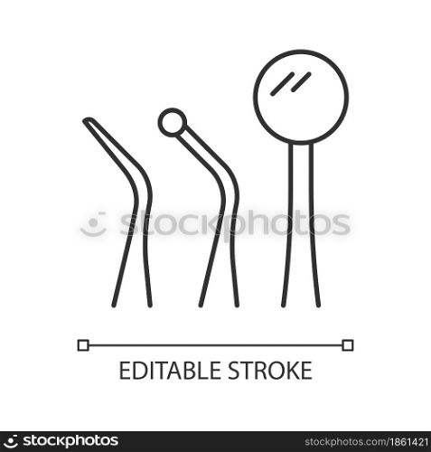 Dental instruments linear icon. Mouth mirror. Periodontal probe. Spoon excavator. Examining teeth. Thin line customizable illustration. Contour symbol. Vector isolated outline drawing. Editable stroke. Dental instruments linear icon