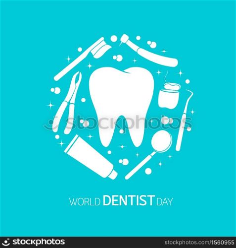Dental instruments with tooth in circle shape. 6 March, World Dentist Day Campaign. Vector Illustration isolated on blue background. Great for greeting card, poster and banner