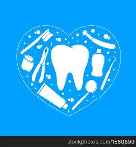 Dental instruments with tooth in heart shape. Dental care concept. Vector Illustration isolated on blue background. Great for greeting card, poster and banner