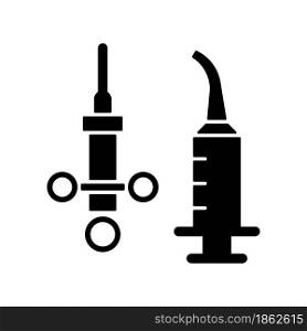 Dental irrigation syringe black glyph icon. Delivering local anesthetic. Dental supplies. Intraoral injections. Performing procedure. Silhouette symbol on white space. Vector isolated illustration. Dental irrigation syringe black glyph icon