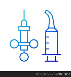 Dental irrigation syringe gradient linear vector icon. Delivering local anesthetic. Needle for intraoral injections. Thin line color symbol. Modern style pictogram. Vector isolated outline drawing. Dental irrigation syringe gradient linear vector icon