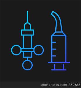 Dental irrigation syringe gradient vector icon for dark theme. Delivering local anesthetic. Intraoral injections. Thin line color symbol. Modern style pictogram. Vector isolated outline drawing. Dental irrigation syringe gradient vector icon for dark theme