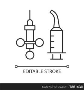 Dental irrigation syringe linear icon. Delivering local anesthetic. Intraoral injections. Thin line customizable illustration. Contour symbol. Vector isolated outline drawing. Editable stroke. Dental irrigation syringe linear icon