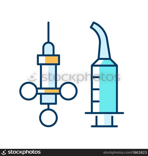 Dental irrigation syringe RGB color icon. Delivering local anesthetic. Dental supplies. Needle for intraoral injections. Performing procedure. Isolated vector illustration. Simple filled line drawing. Dental irrigation syringe RGB color icon