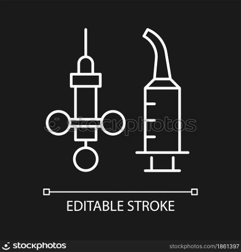 Dental irrigation syringe white linear icon for dark theme. Local anesthetic. Intraoral injections. Thin line customizable illustration. Isolated vector contour symbol for night mode. Editable stroke. Dental irrigation syringe white linear icon for dark theme