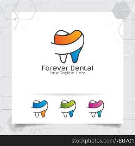 Dental logo dentist vector design with concept of flat line tooth icon . Dental care for hospital, doctor, clinic, and health.