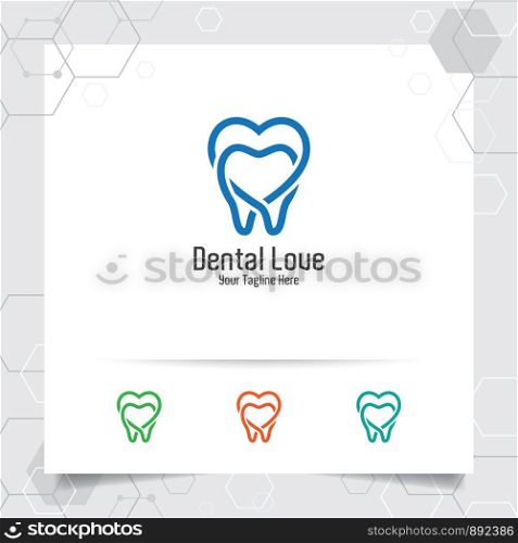 Dental logo dentist vector design with concept of heart love symbol and tooth icon . Dental care for hospital, doctor, clinic, and health.