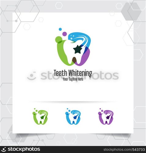 Dental logo dentist vector design with concept of star symbol and tooth icon . Dental care for hospital, doctor, clinic, and health.
