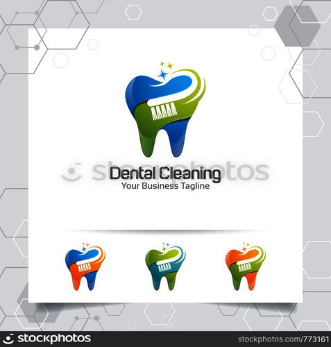 Dental logo dentist vector design with concept of toothbrush and tooth icon . Dental care for hospital, doctor, clinic, and health.