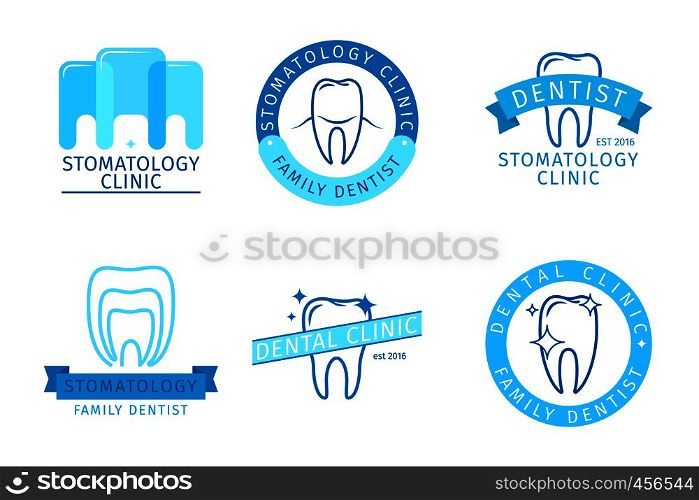 Dental logo set. Stomatology labels with teeth signs. Vector illustration. Dental logo set