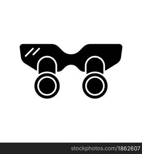 Dental loupes black glyph icon. Equipment for enlarging and examining teeth. Magnifying glasses. Enhancing dentist visual acuity. Silhouette symbol on white space. Vector isolated illustration. Dental loupes black glyph icon