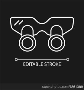 Dental loupes white linear icon for dark theme. Equipment for enlarging and examining teeth. Thin line customizable illustration. Isolated vector contour symbol for night mode. Editable stroke. Dental loupes white linear icon for dark theme