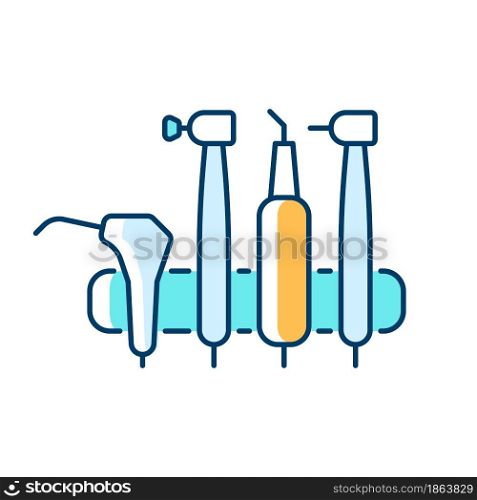 Dental machine unit RGB color icon. Medical tools for dental professional. Orthodontic instruments. Equipment for manipulating with teeth. Isolated vector illustration. Simple filled line drawing. Dental machine unit RGB color icon