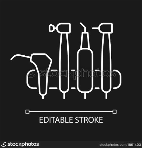 Dental machine unit white linear icon for dark theme. Medical tools for dental professional. Thin line customizable illustration. Isolated vector contour symbol for night mode. Editable stroke. Dental machine unit white linear icon for dark theme