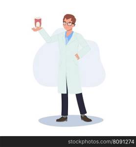Dental medical concept. Male Dentist presenting or showing the tooth. Flat cartoon Vector illustration  