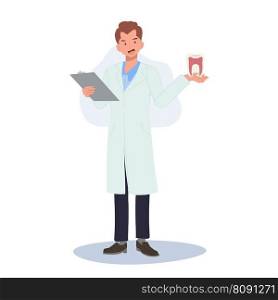 Dental medical concept. male Dentist with clipboard is presenting or showing the result of tooth treatment. Flat cartoon Vector illustration