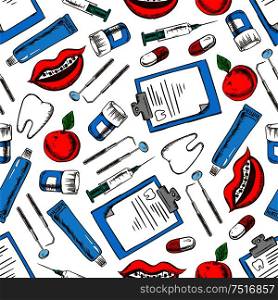 Dental medicine background for dentistry, dental treatment and hygiene design. Seamless pattern of teeth, dentist tools and syringes, pills and toothpaste, toothy smiles with braces, clipboards and apples. Dentistry and hygiene seamless pattern